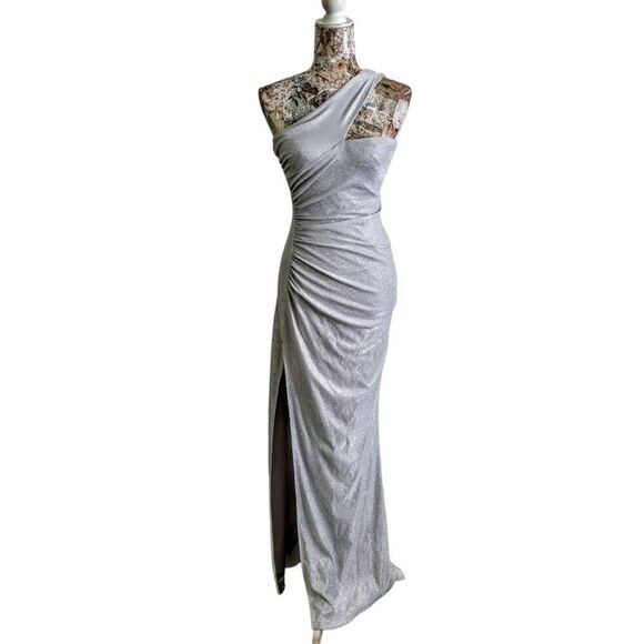 Sparkle Silver Glitter One-Shoulder Shiny Lurex High Slit Gown Long Maxi Dress - Picture 7 of 15